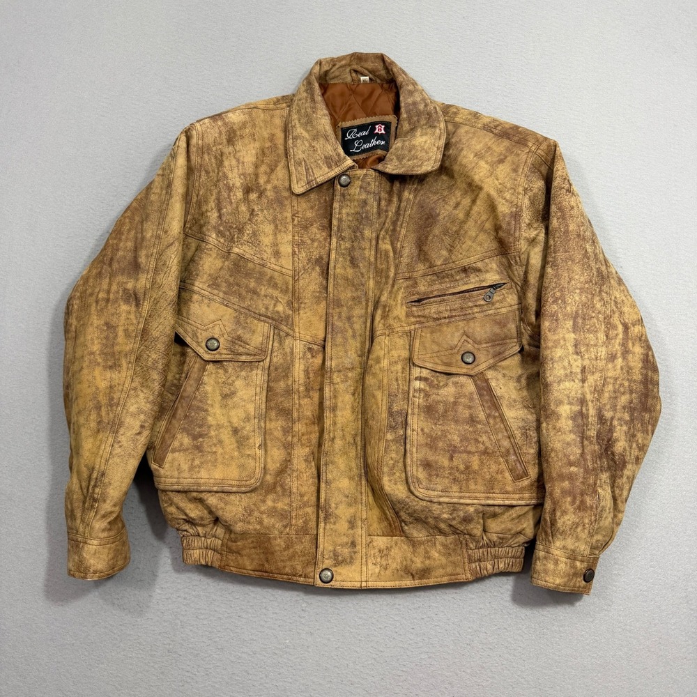 Vintage Real Leather Jacket Men XXL Brown Distressed Bomber Quilted Multi-Pocket